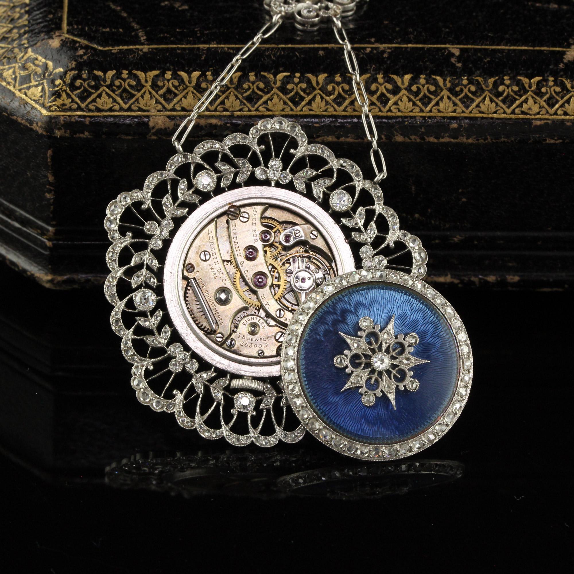 Antique Edwardian Tiffany Co Diamond Enamel Filigree Guilloche Watch Necklace For Sale 3