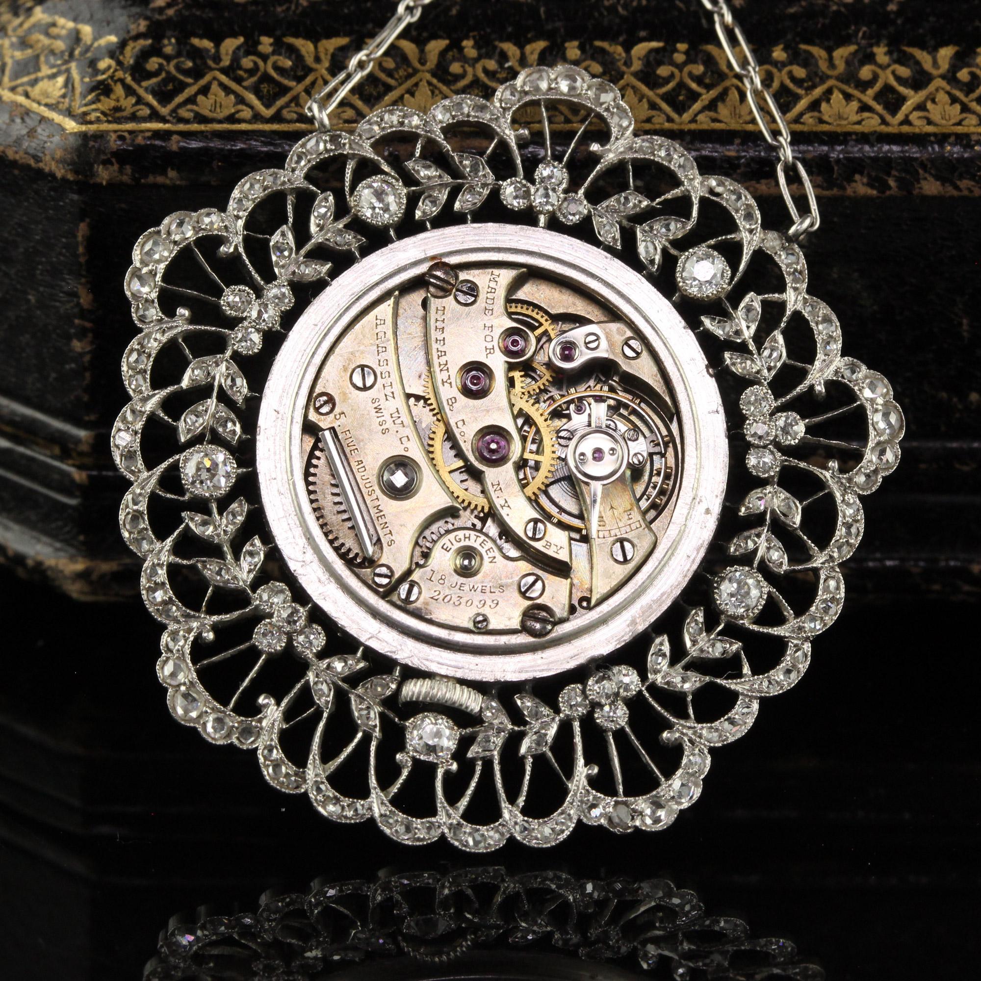 Antique Edwardian Tiffany Co Diamond Enamel Filigree Guilloche Watch Necklace For Sale 4
