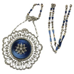 Antike edwardianische filigrane Guilloche-Uhr-Halskette, Tiffany Co Diamant-Emaille-Emaille