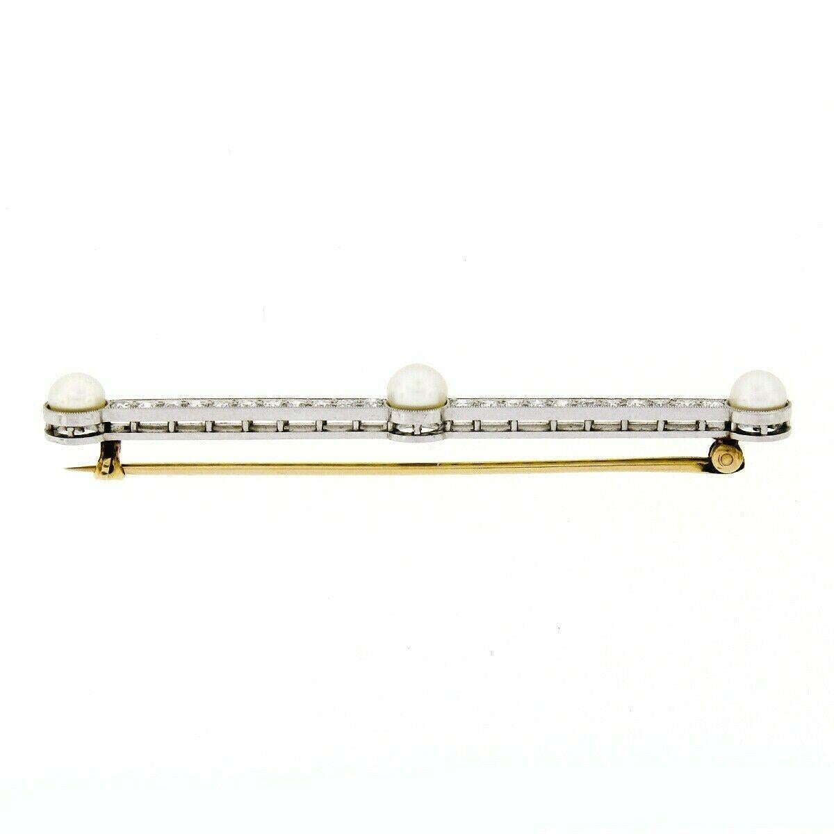 Women's or Men's Antique Edwardian Tiffany & Co. Platinum 14k Gold Pearl Diamond Bar Pin Brooch