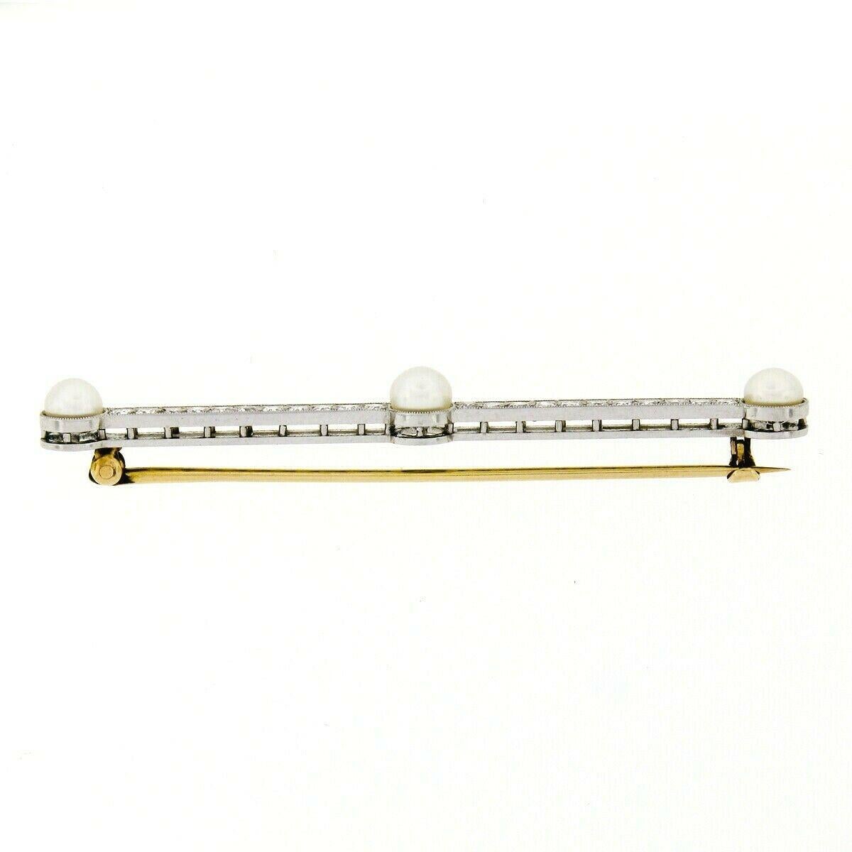 Antique Edwardian Tiffany & Co. Platinum 14k Gold Pearl Diamond Bar Pin Brooch 1