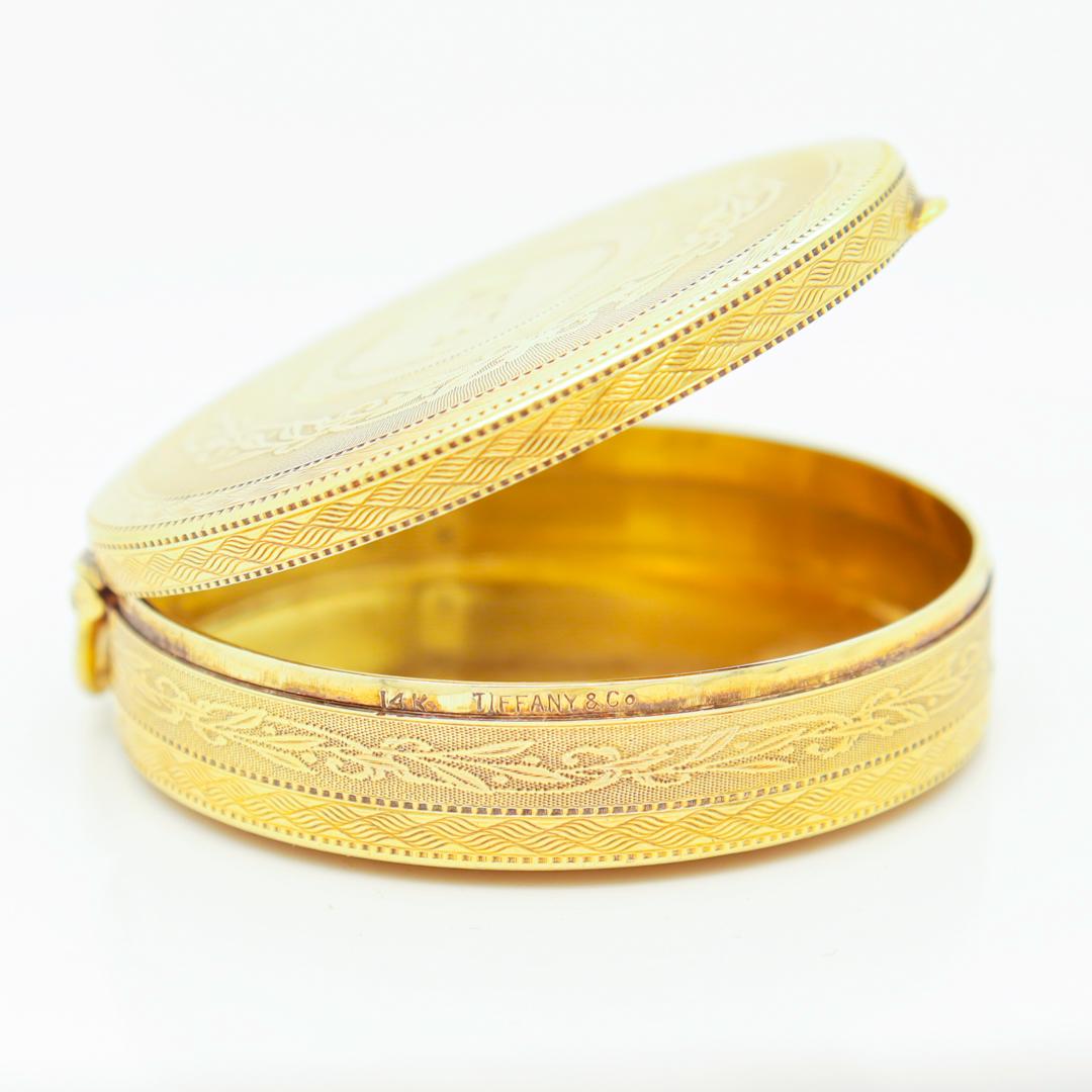 Antike edwardianische Tiffany & Co. Runde 14k Gold Kompakte oder Pillenschachtel 8