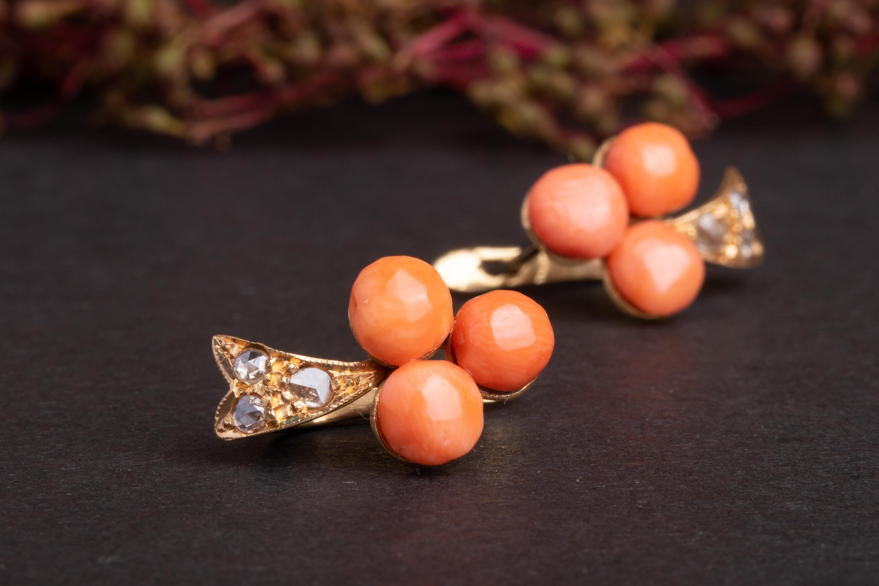 Women's Antique Edwardian Trefoil Diamond and Coral Earrings