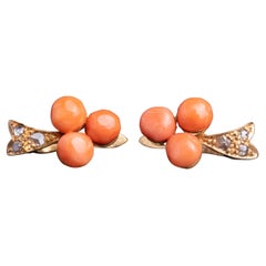 Antique Edwardian Trefoil Diamond and Coral Earrings