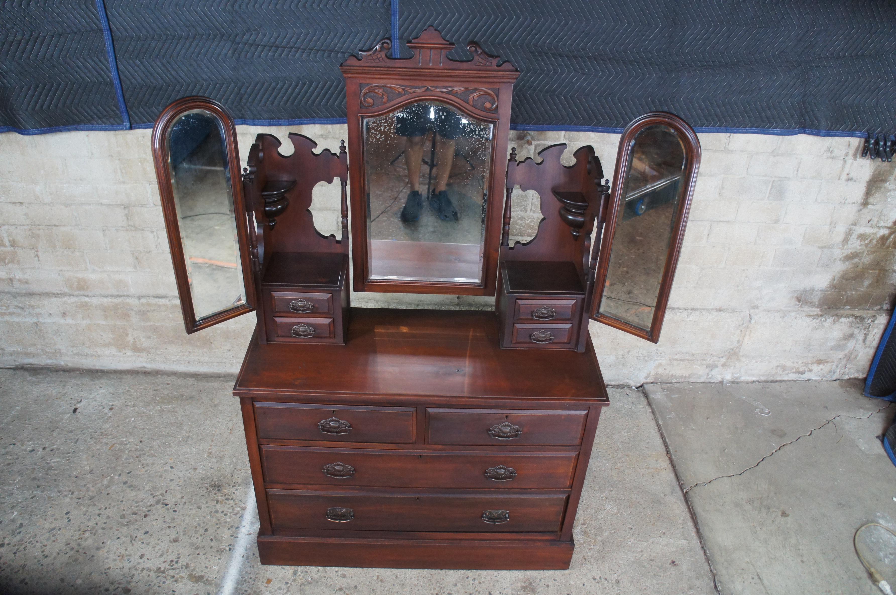 19th Century Antique Edwardian Tri Mirrored Vanity Dresser Shaving Stand Eastlake Victorian