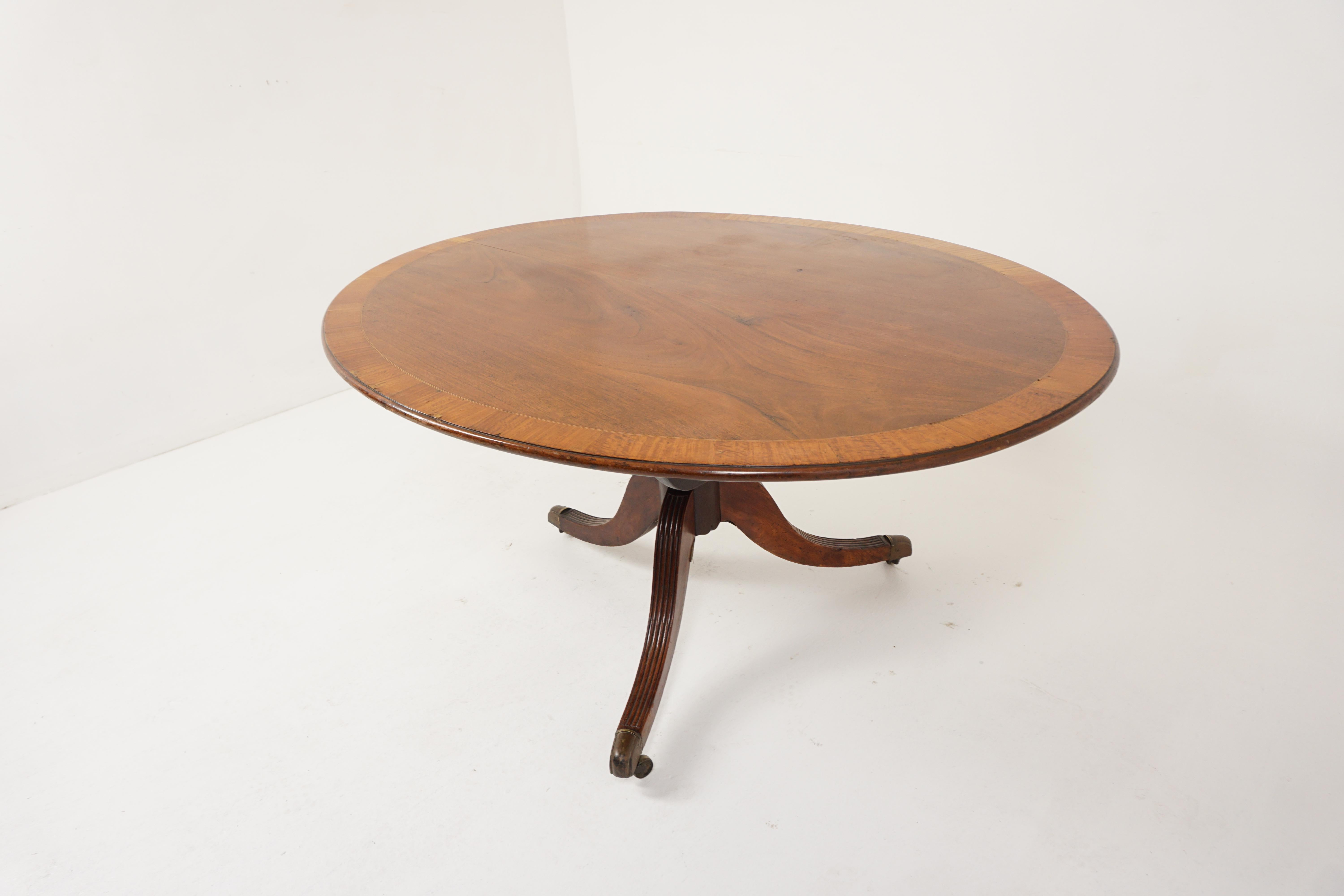 Antique Edwardian tripod walnut inlaid oval tilt top table, Scotland 1900, H230

Scotland 1900
Solid walnut and veneeroOriginal finish
The well figured top with a wide band of satin wood inlay
Moulded edge
Standing on turned pedestal column
On swept