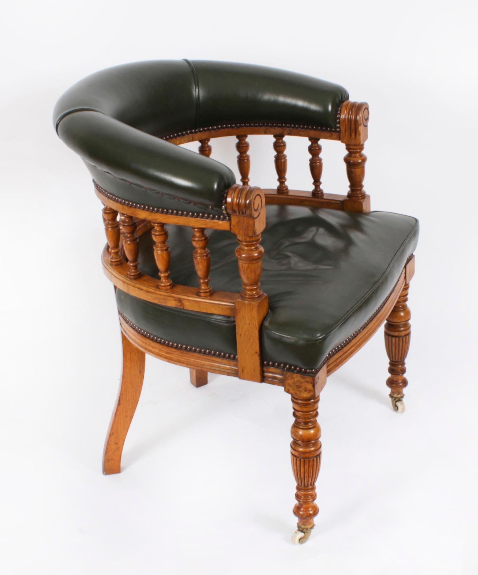Antique fauteuil de bureau à baignoire Edwardien cuir vert tapissé Circa 1910 11