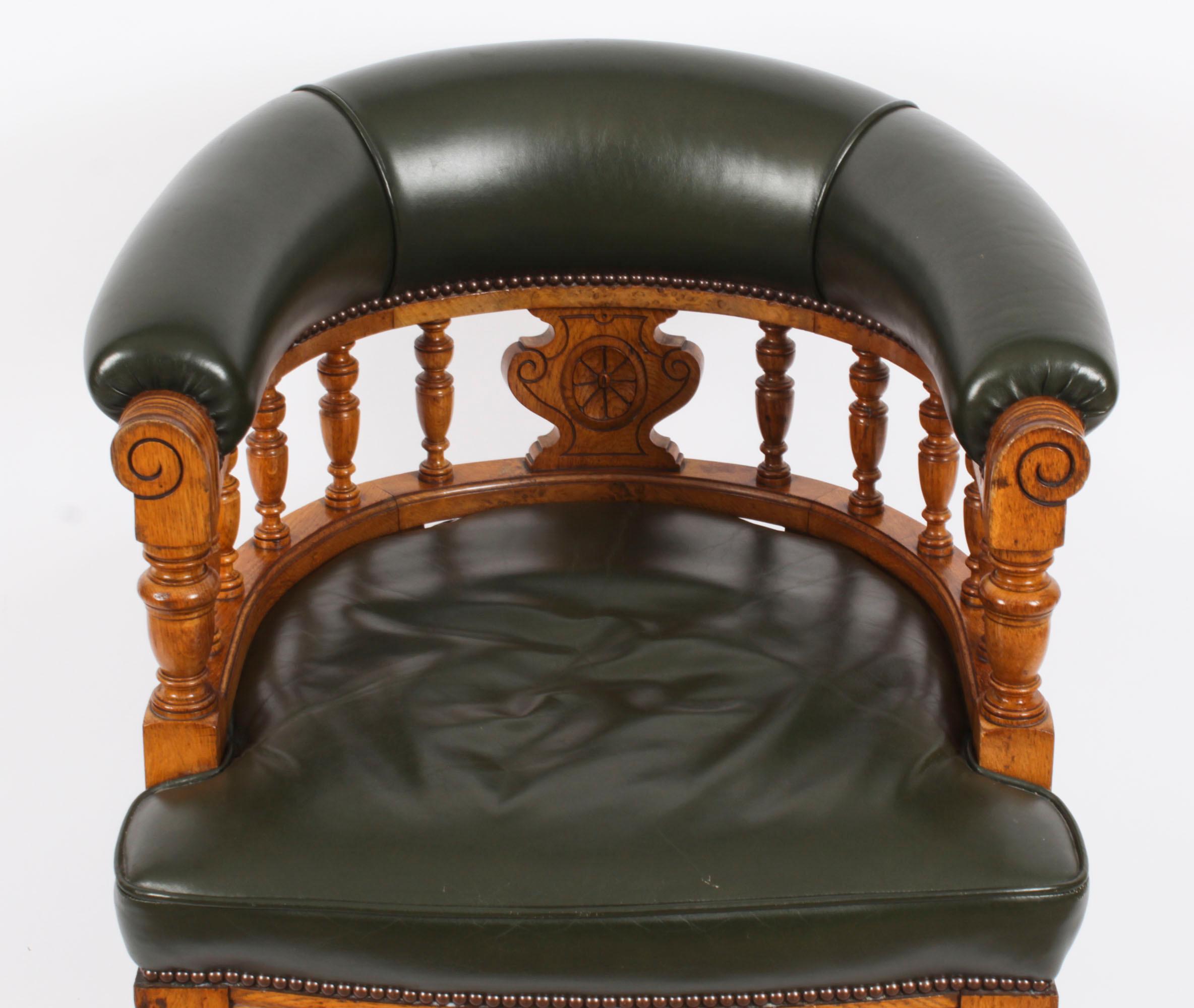 Early 20th Century Antique Edwardian Tub Desk Armchair Green Leather Upholstered Circa 1910 For Sale