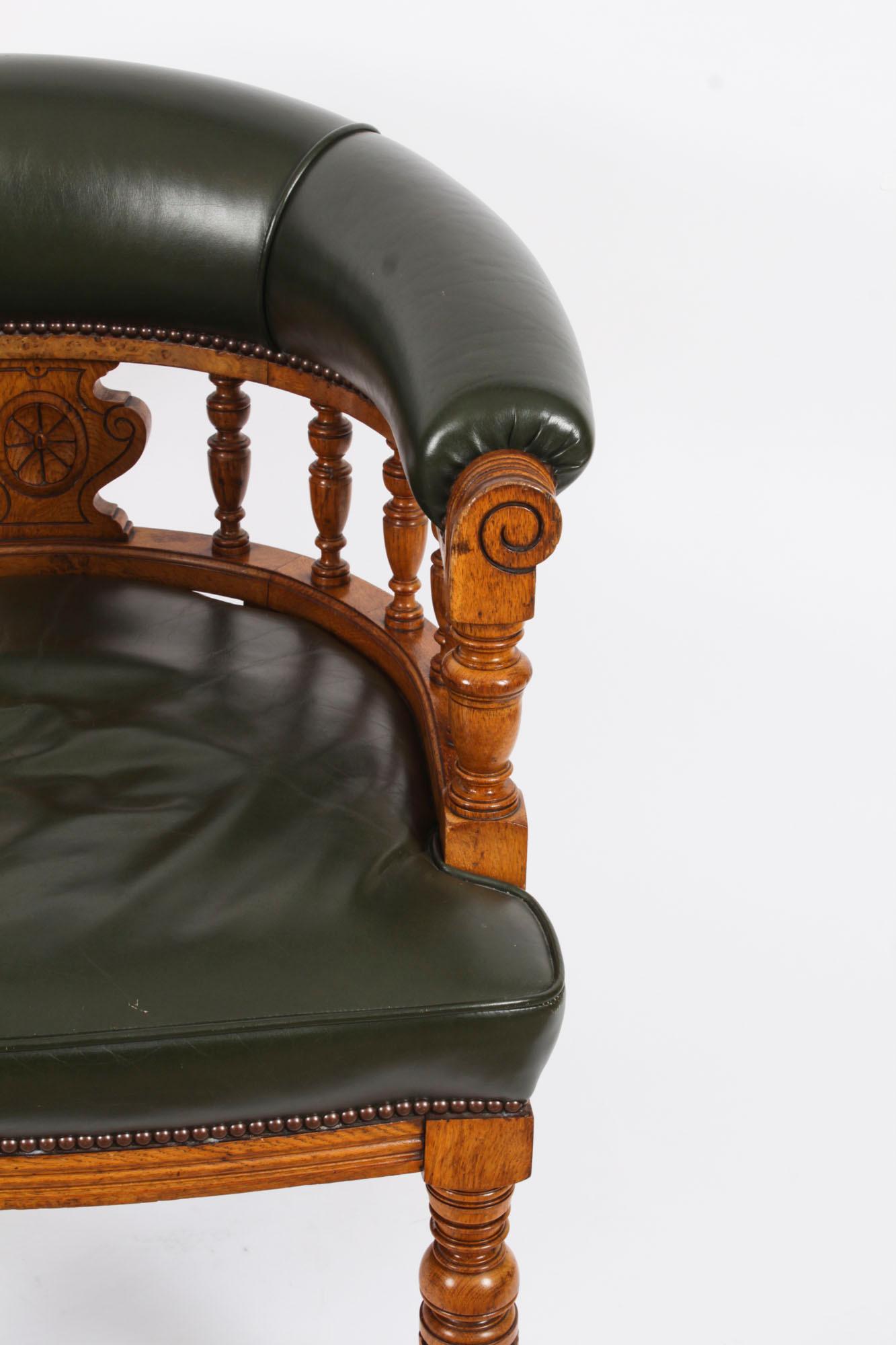 Antique fauteuil de bureau à baignoire Edwardien cuir vert tapissé Circa 1910 1