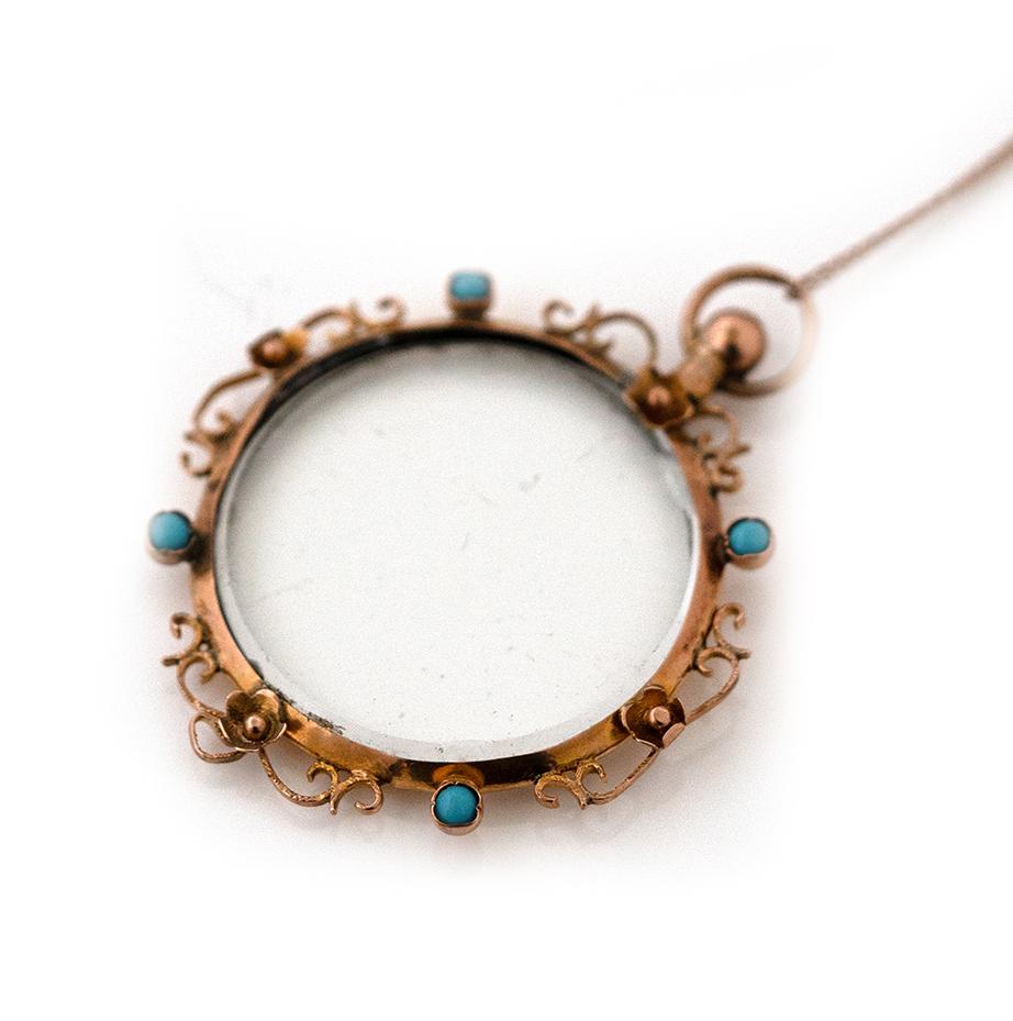 Women's Antique Edwardian Turquoise 9ct Gold Glass Locket Necklace