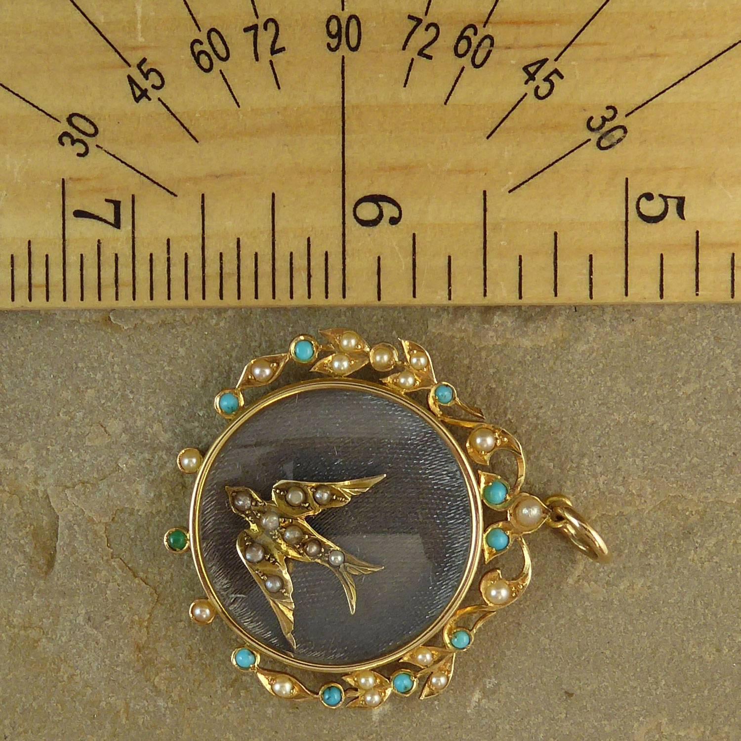 Women's or Men's Antique Edwardian Turquoise and Pearl Locket 15 Carat Gold, Swallow Charm