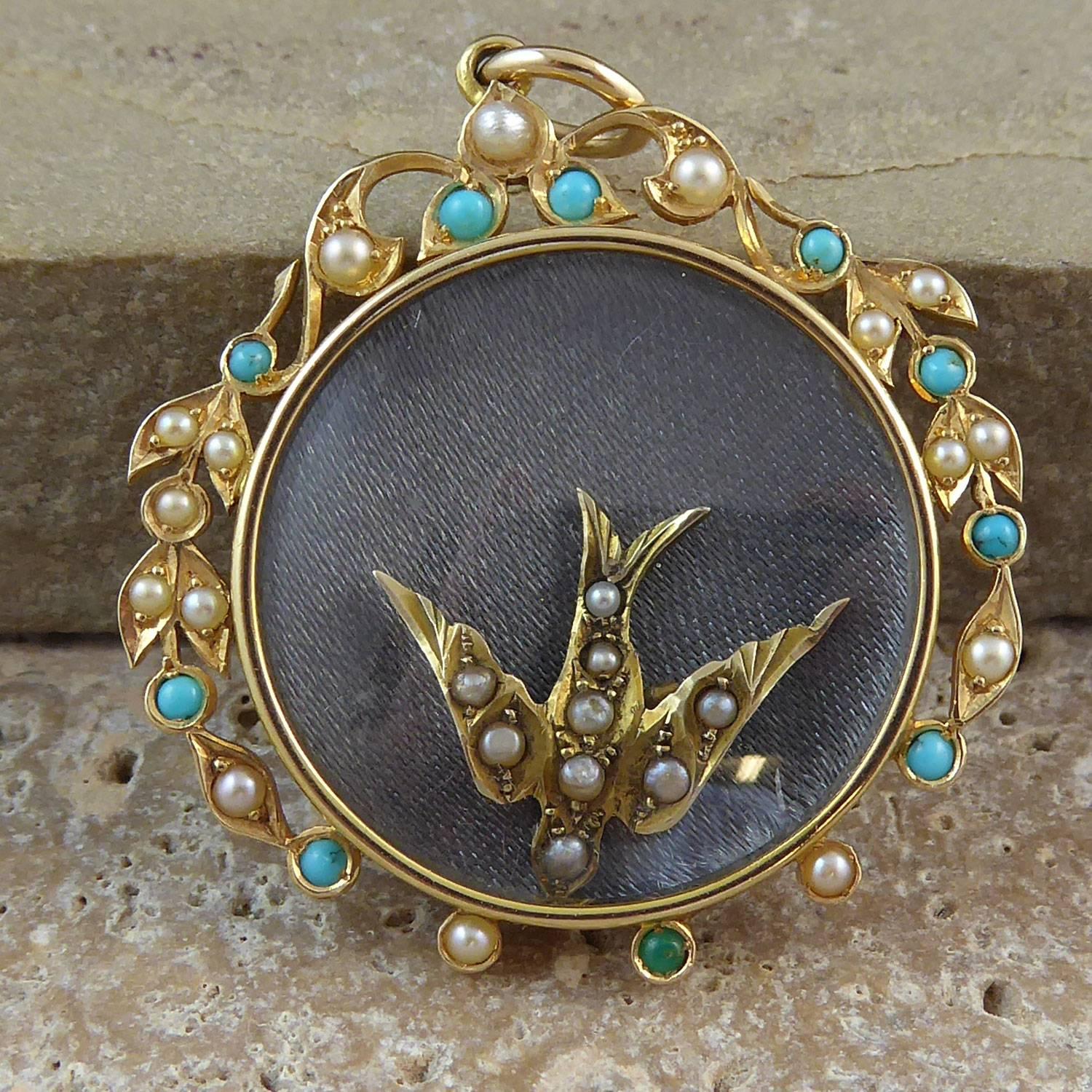 Antique Edwardian Turquoise and Pearl Locket 15 Carat Gold, Swallow Charm 1