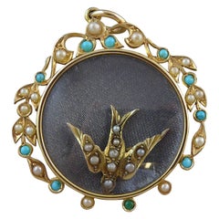 Antique Edwardian Turquoise and Pearl Locket 15 Carat Gold, Swallow Charm