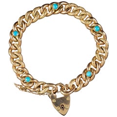 Antique Edwardian Turquoise Curb Bracelet 9 Carat Gold, dated 1904