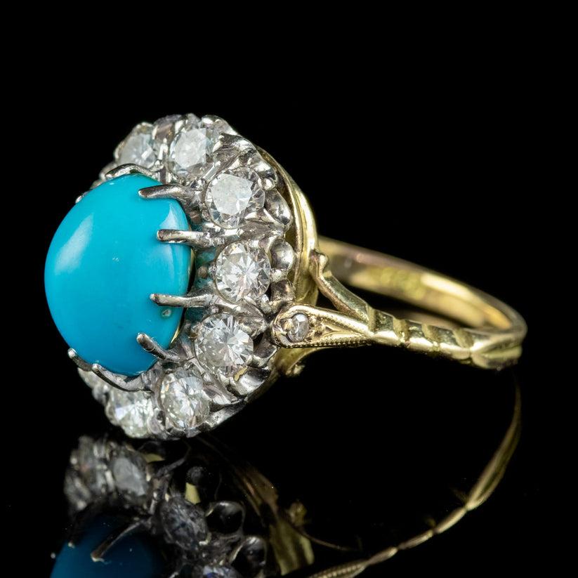 Brilliant Cut Antique Edwardian Turquoise Diamond Cluster Ring in Platinum 18ct Gold