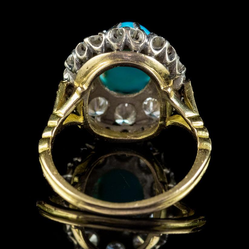 Antique Edwardian Turquoise Diamond Cluster Ring in Platinum 18ct Gold In Good Condition In Kendal, GB