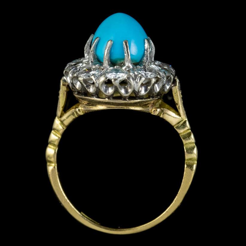 Women's Antique Edwardian Turquoise Diamond Cluster Ring in Platinum 18ct Gold