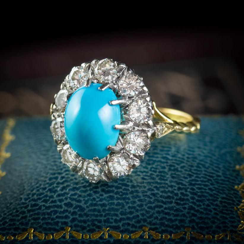 Antique Edwardian Turquoise Diamond Cluster Ring in Platinum 18ct Gold 3