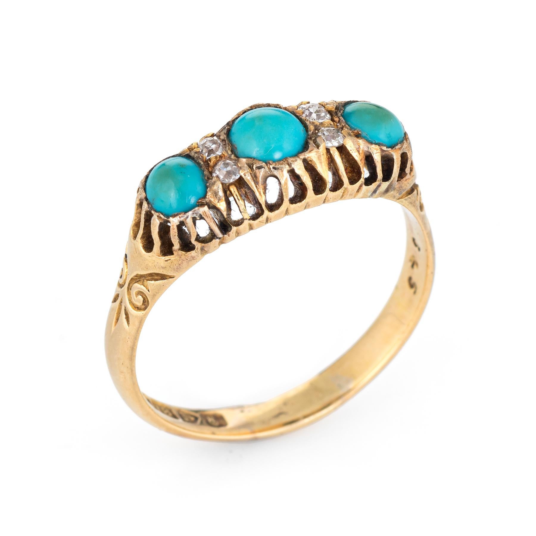 Antique Edwardian era turquoise & diamond ring (circa 1905), crafted in 18 karat yellow gold. 

Three turquoise cabochons measure 4mm to 4.5mm, accented with four estimated 0.03 old mine cut diamonds. The total diamond weight is estimated at 0.12