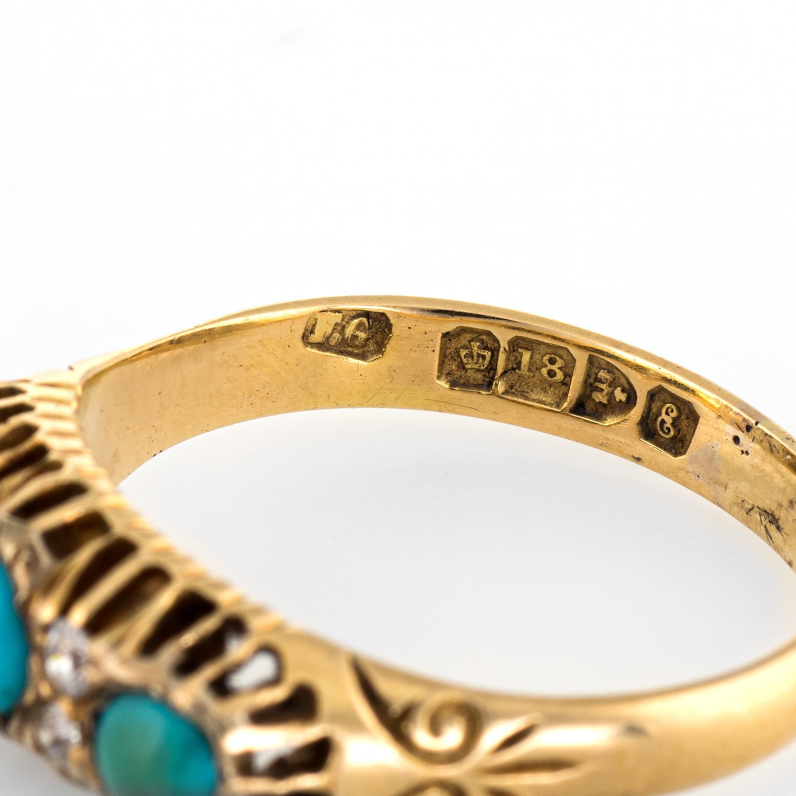 Antique Edwardian Turquoise Diamond Ring 18 Karat Yellow Gold Bridge Chester UK In Good Condition In Torrance, CA
