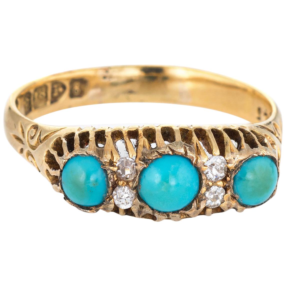 Antique Edwardian Turquoise Diamond Ring 18 Karat Yellow Gold Bridge Chester UK