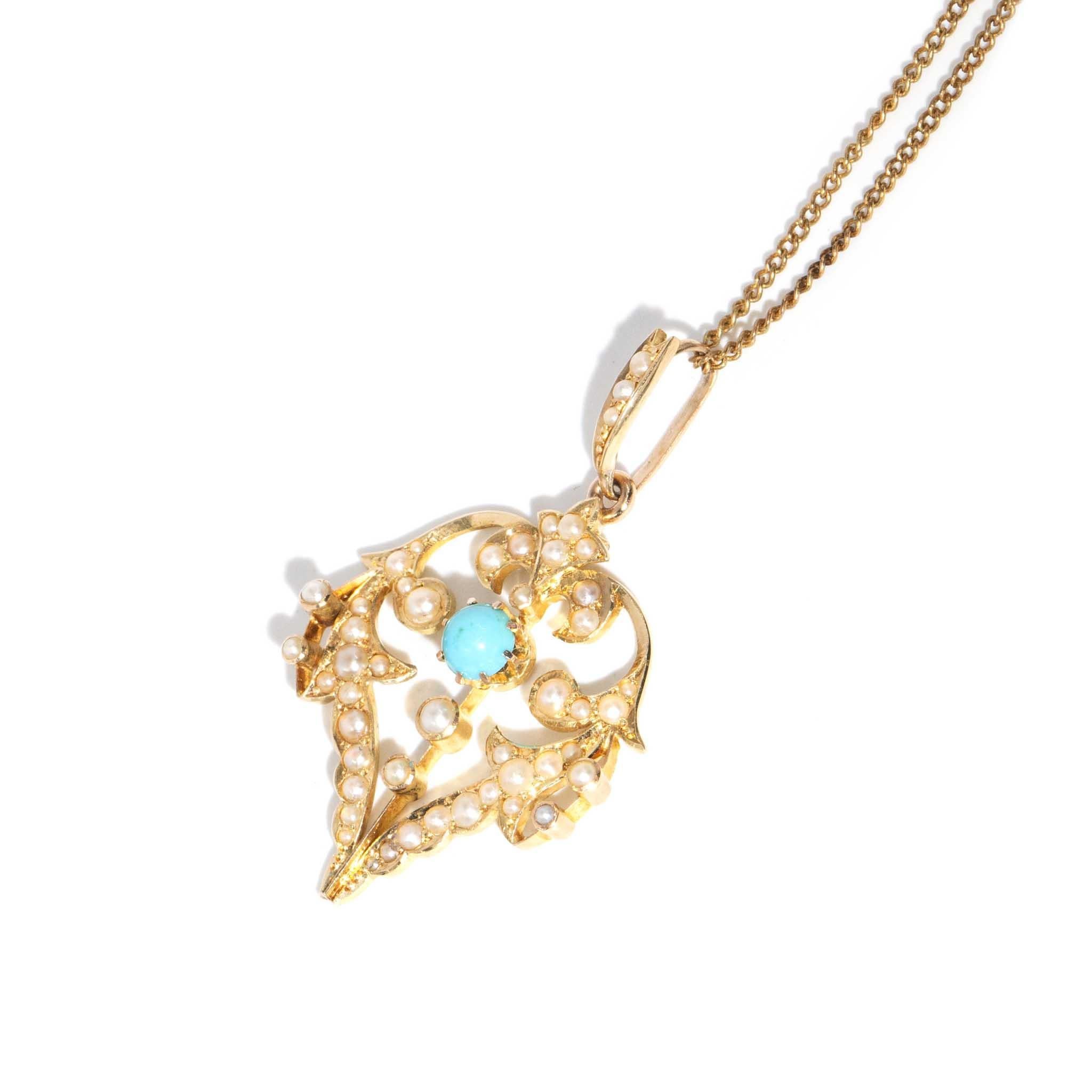 Pendentif édouardien ancien turquoise et perle 15 carats avec chaîne 9 carats Bon état - En vente à Hamilton, AU