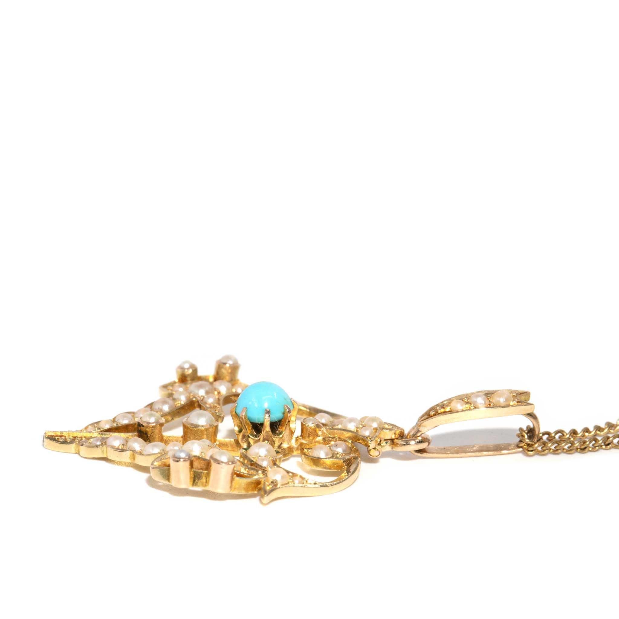 Pendentif édouardien ancien turquoise et perle 15 carats avec chaîne 9 carats en vente 1