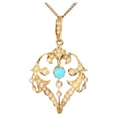 Antiker edwardianischer Türkis- und Perlen-Anhänger mit 15 Karat Anhänger 9 Karat Kette