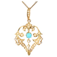 Antique Edwardian Turquoise & Pearl 15 Carat Pendant 9 Carat Chain