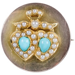 Antique Edwardian Turquoise Pearl Heart Brooch Locket 18 Carat Gold, circa 1910