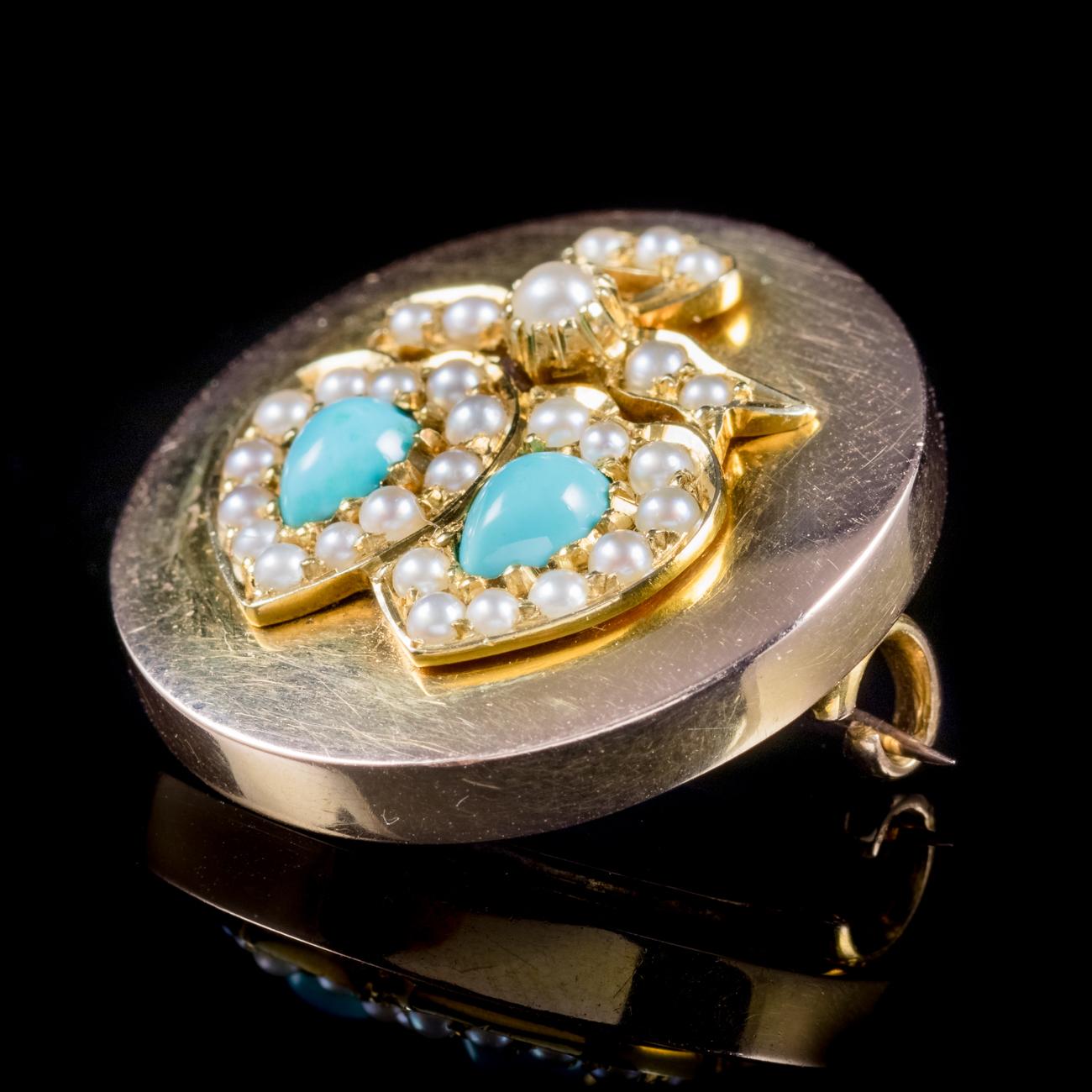 Antique Edwardian Turquoise Pearl Heart Brooch Locket 18 Carat Gold, circa 1910 In Good Condition For Sale In Lancaster, Lancashire