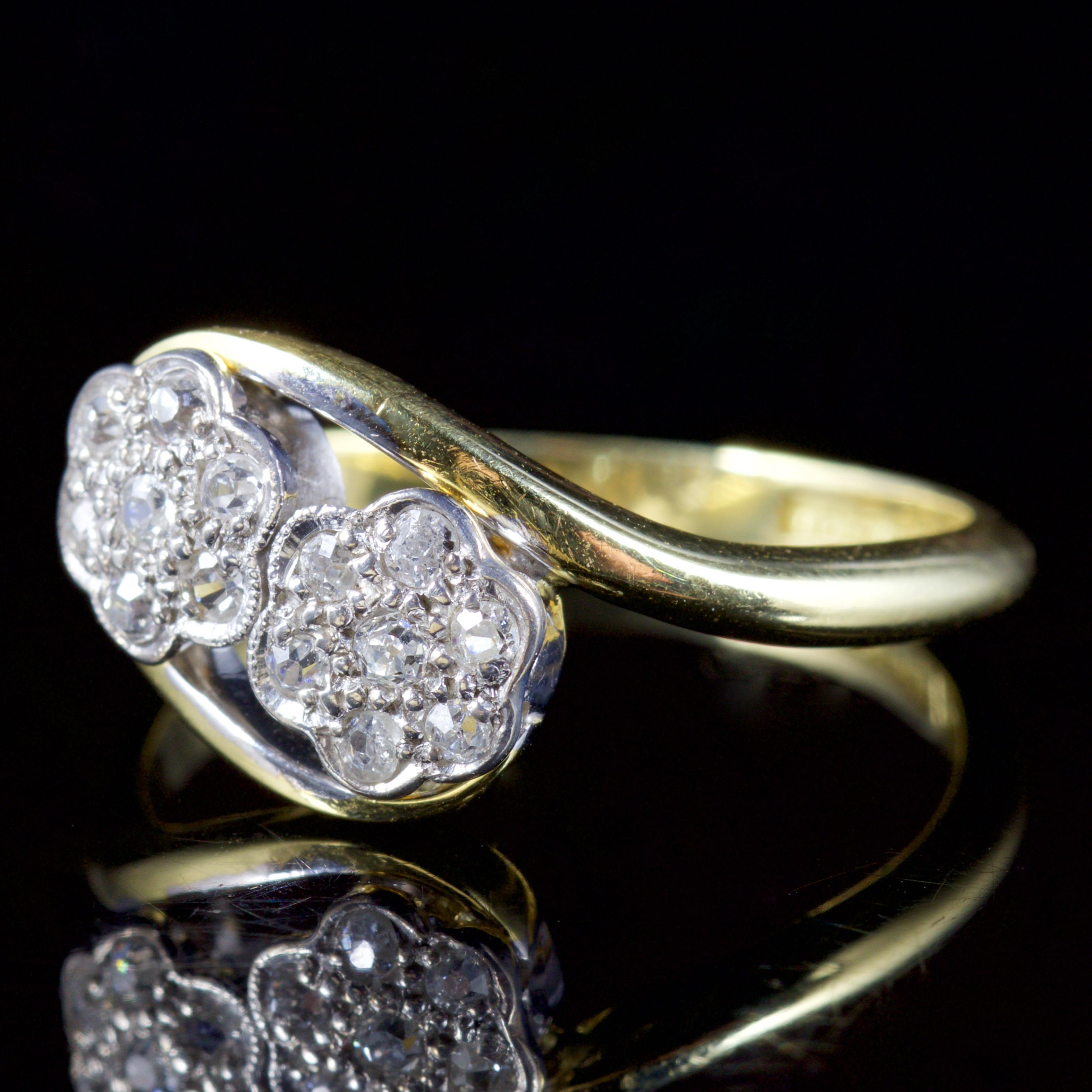 This truly wonderful Edwardian Diamond twist ring is set in 18ct Gold, Circa 1915.

The exquisite ring is decorated in a cluster of glistening Diamonds, set in a Platinum gallery.

There is approx 0.50ct in total, the Diamonds show a superb cut,