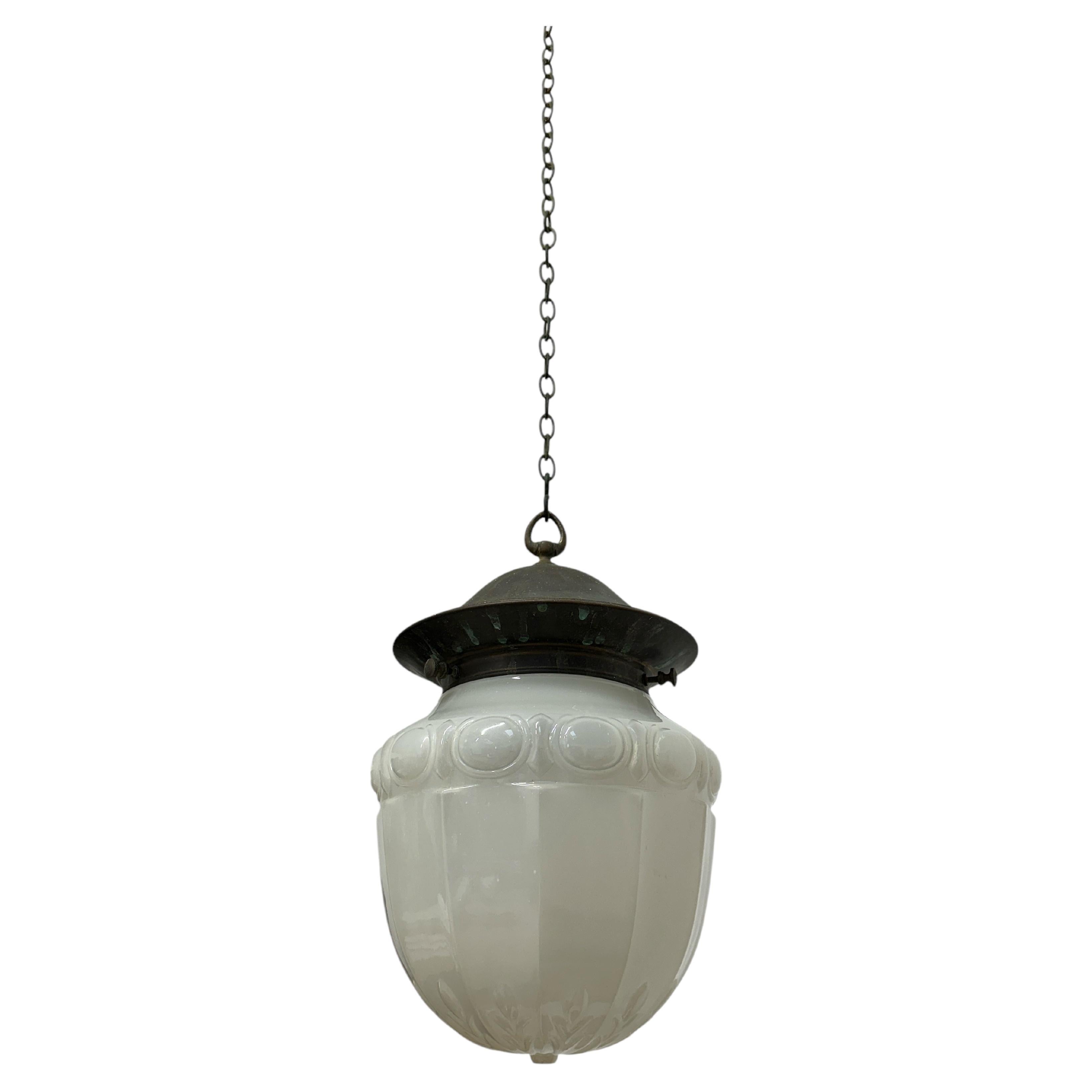 Antique Edwardian Vintage School House Opaline Milk Glass Ceiling Pendant Light