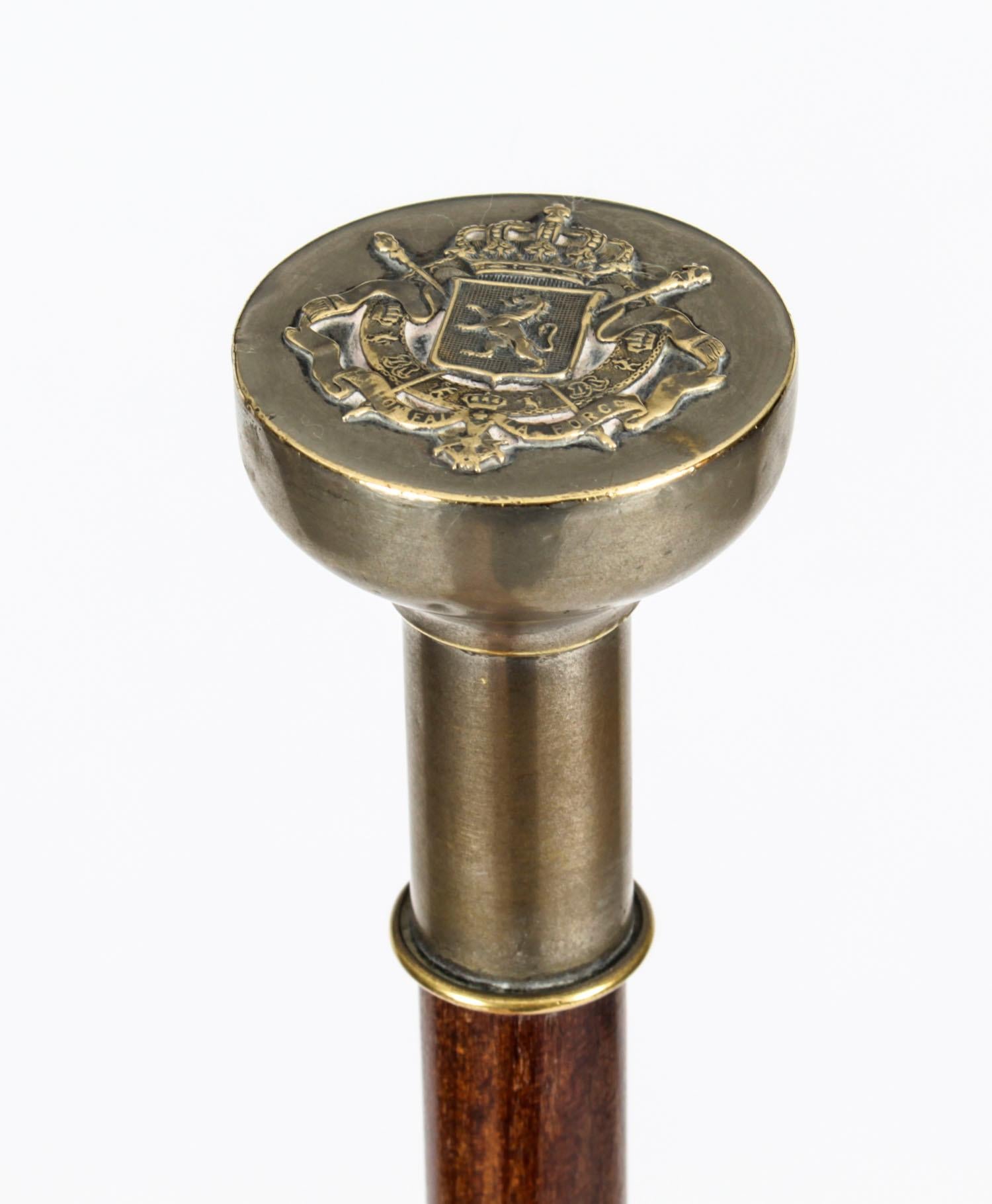 This is a superb Edwardian silver plated Malacca walking stick, circa 1910 in date.
 
This decorative walking cane features a splendid globular silvered pommel with a large military coat of arms on a tapering shaft and comes complete with its