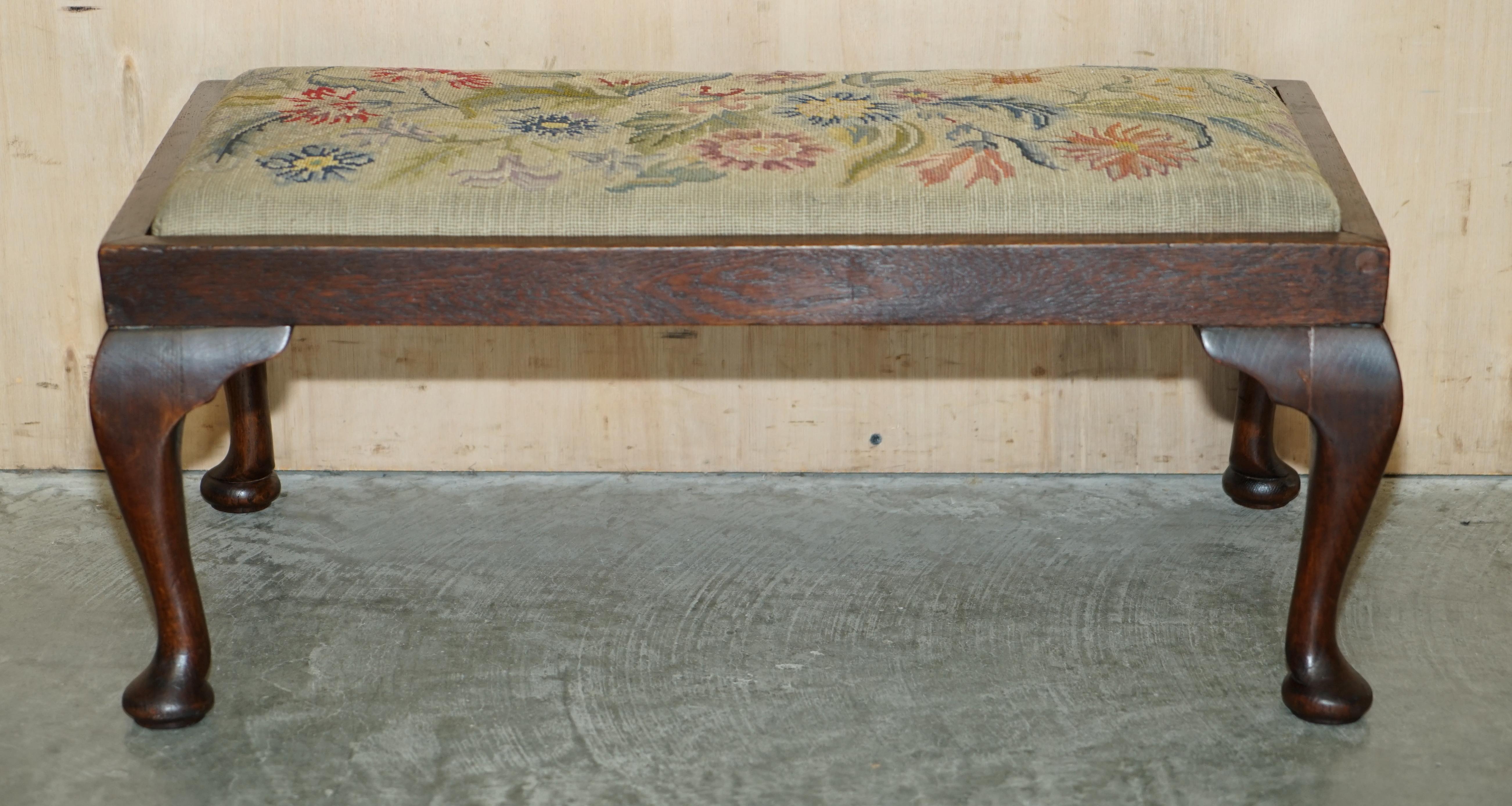 Antique Edwardian Walnut Cabriole Legged Footstool Embroidered Upholstery For Sale 10