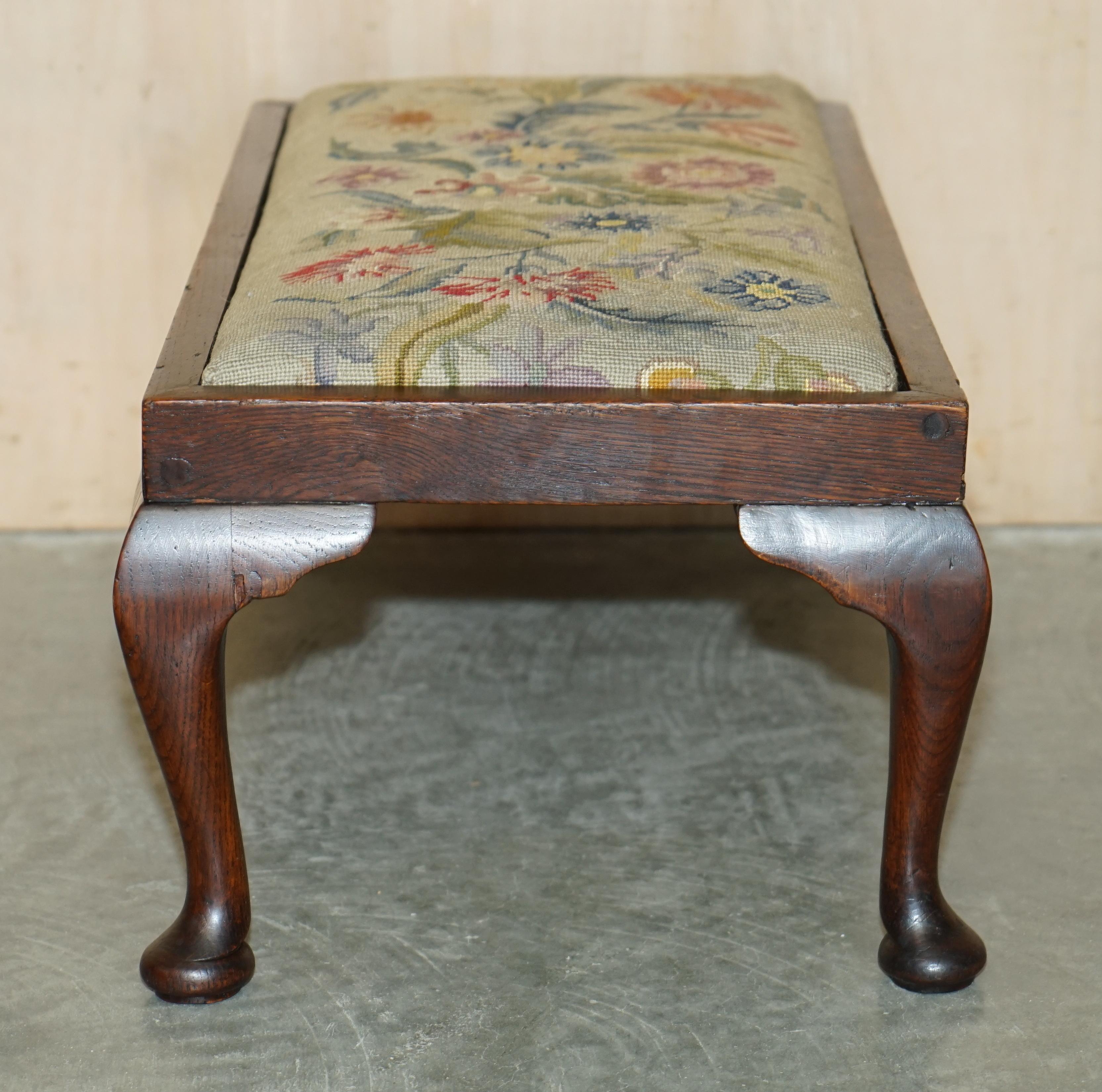 Antique Edwardian Walnut Cabriole Legged Footstool Embroidered Upholstery For Sale 11