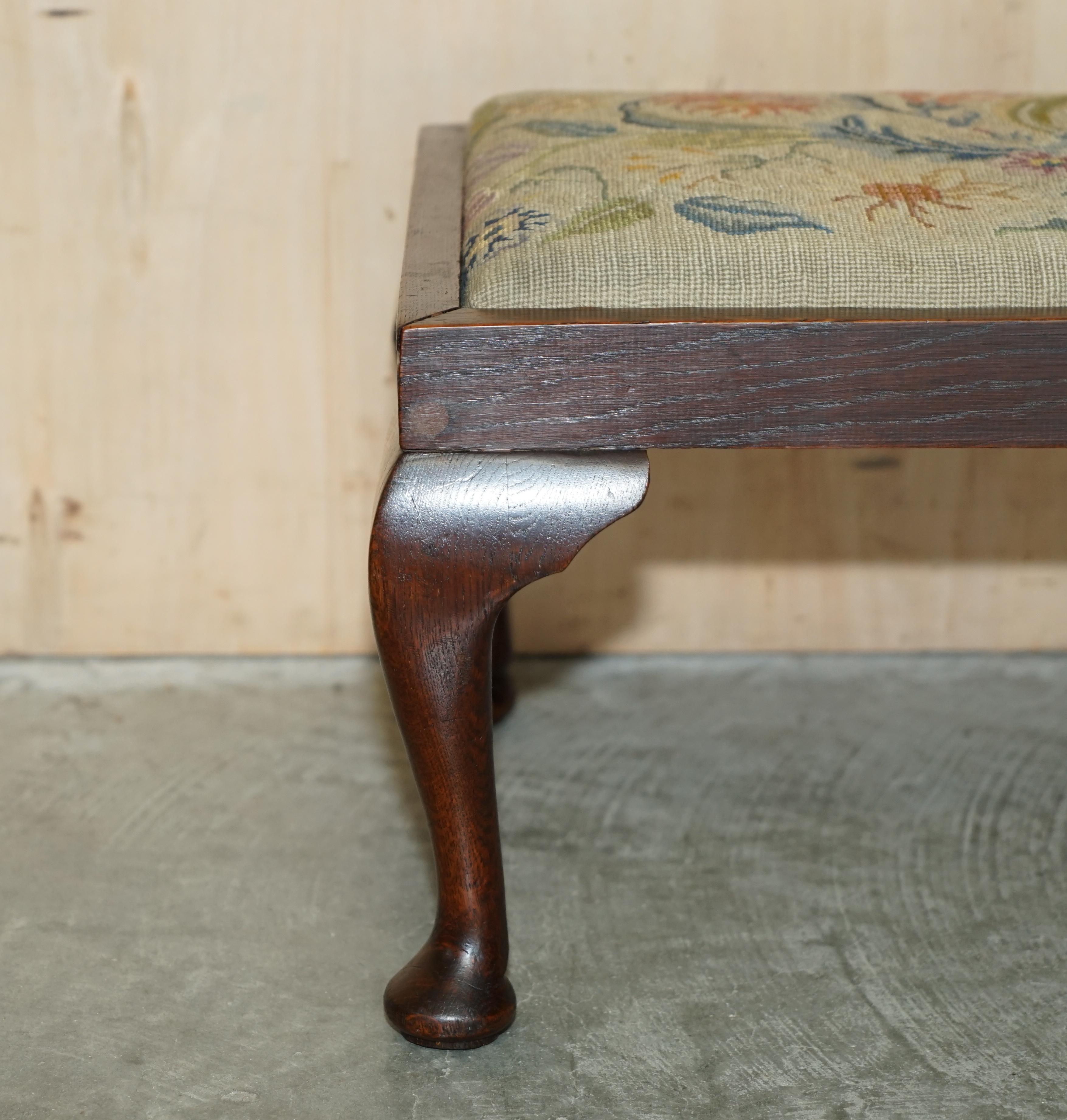 Hand-Crafted Antique Edwardian Walnut Cabriole Legged Footstool Embroidered Upholstery For Sale