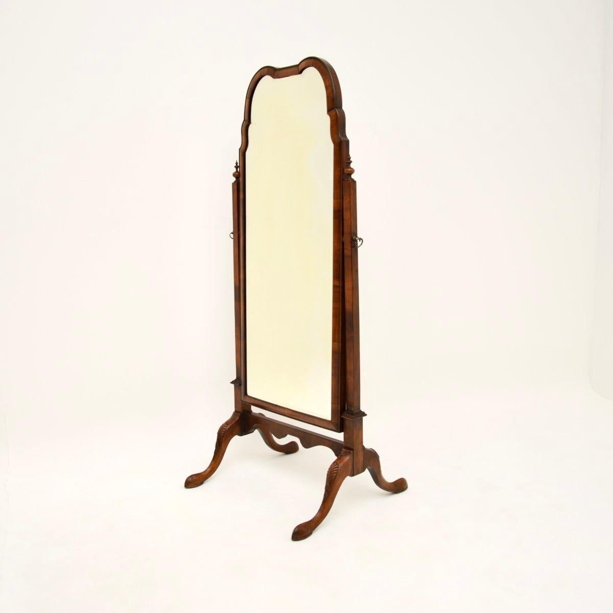 British Antique Edwardian Walnut Cheval Floor Mirror