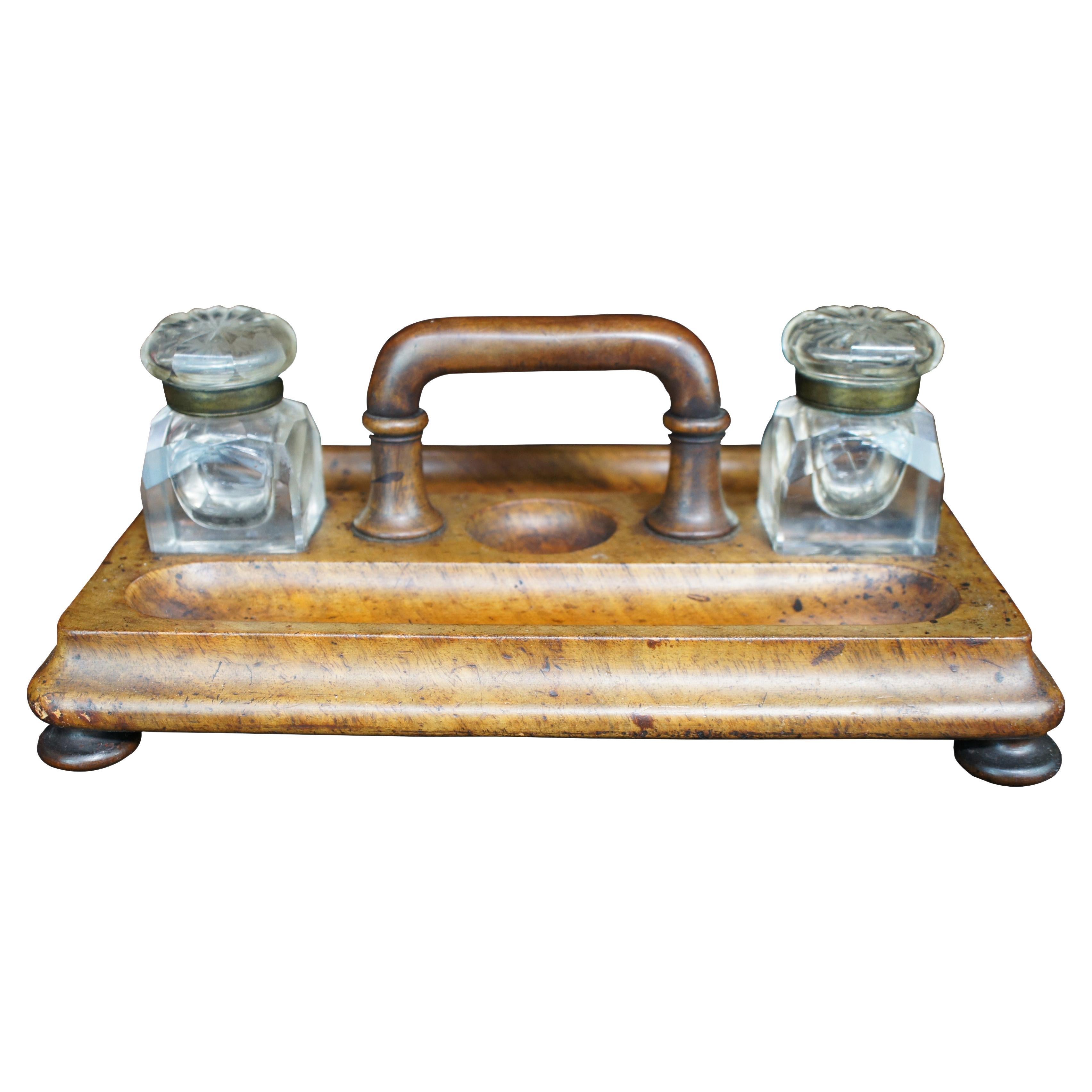 Antique Edwardian Walnut Double Inkwell Handled Footed Writing Desktop Caddy