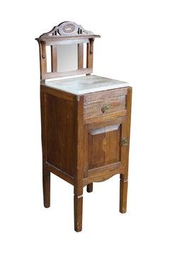 Antique Edwardian Walnut Neoclassical Inlaid Washstand Cabinet Marble Top Mirror
