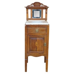 Antique Edwardian Walnut Neoclassical Inlaid Washstand Cabinet Marble Top Mirror