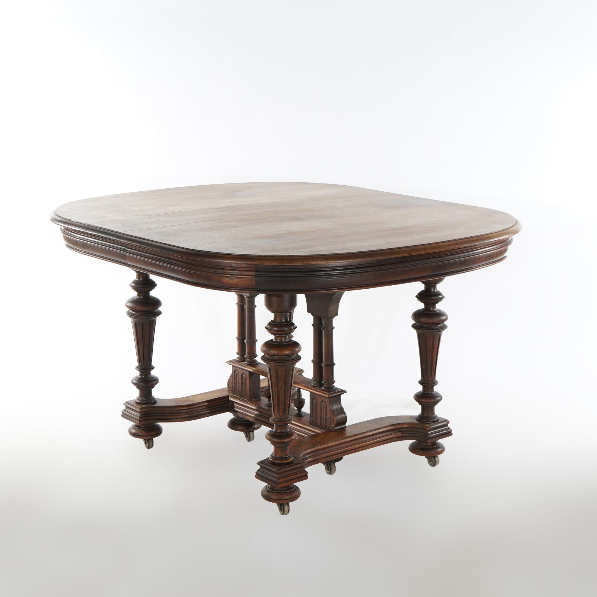 English Antique Edwardian Walnut Square Extension Dining Table with Three Leaves c1900