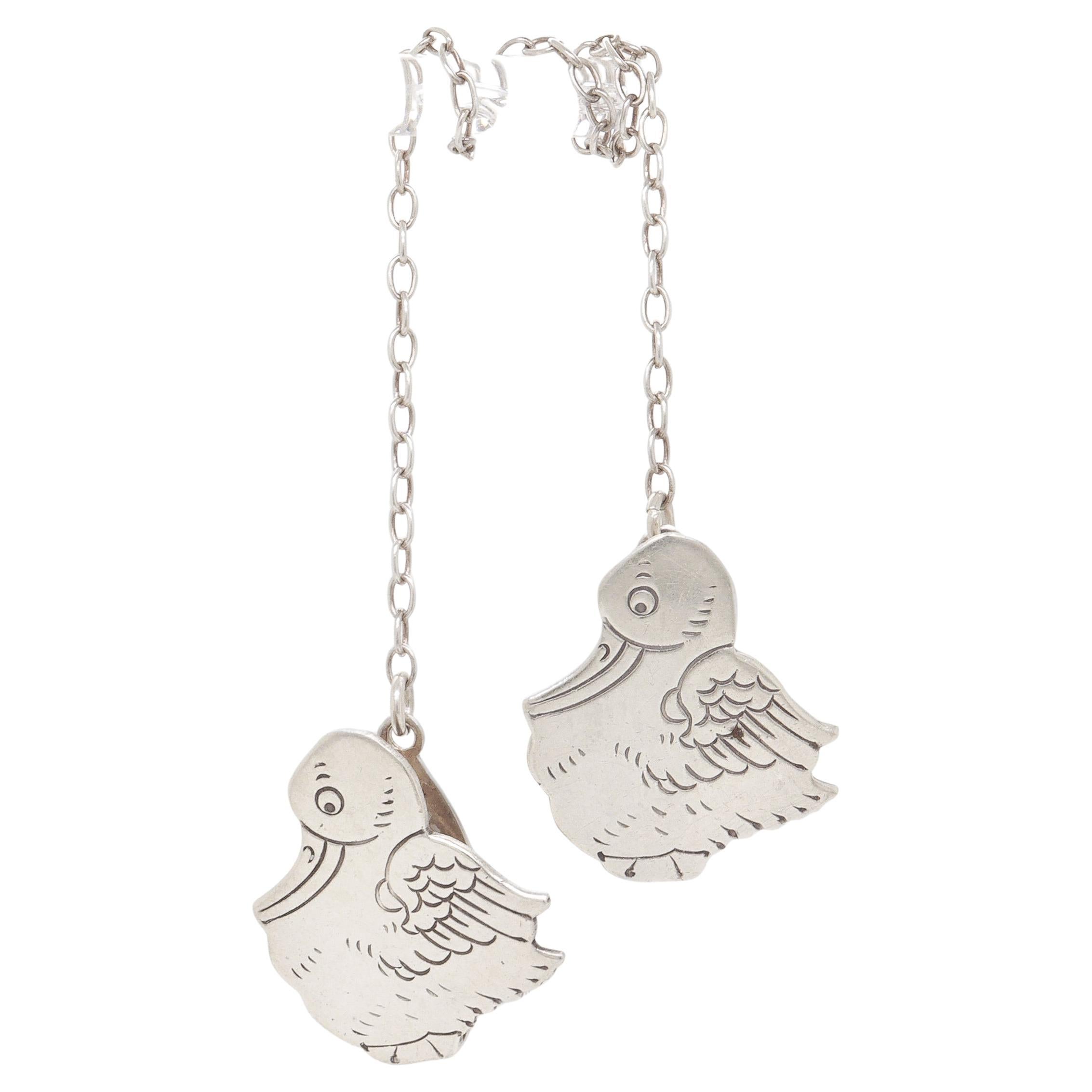 Antique Edwardian Webster Sterling Silver Figural Duck Child's Bib Holder