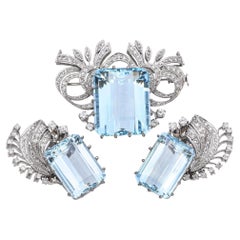 Antique Edwardian White Gold Aquamarine and Diamond Earrings and Brooch Set