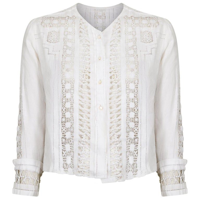 Antique Edwardian White Linen Blouse With Cut Out Work For Sale at 1stDibs