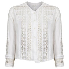 Antigua blusa eduardiana de lino blanco con trabajo recortado