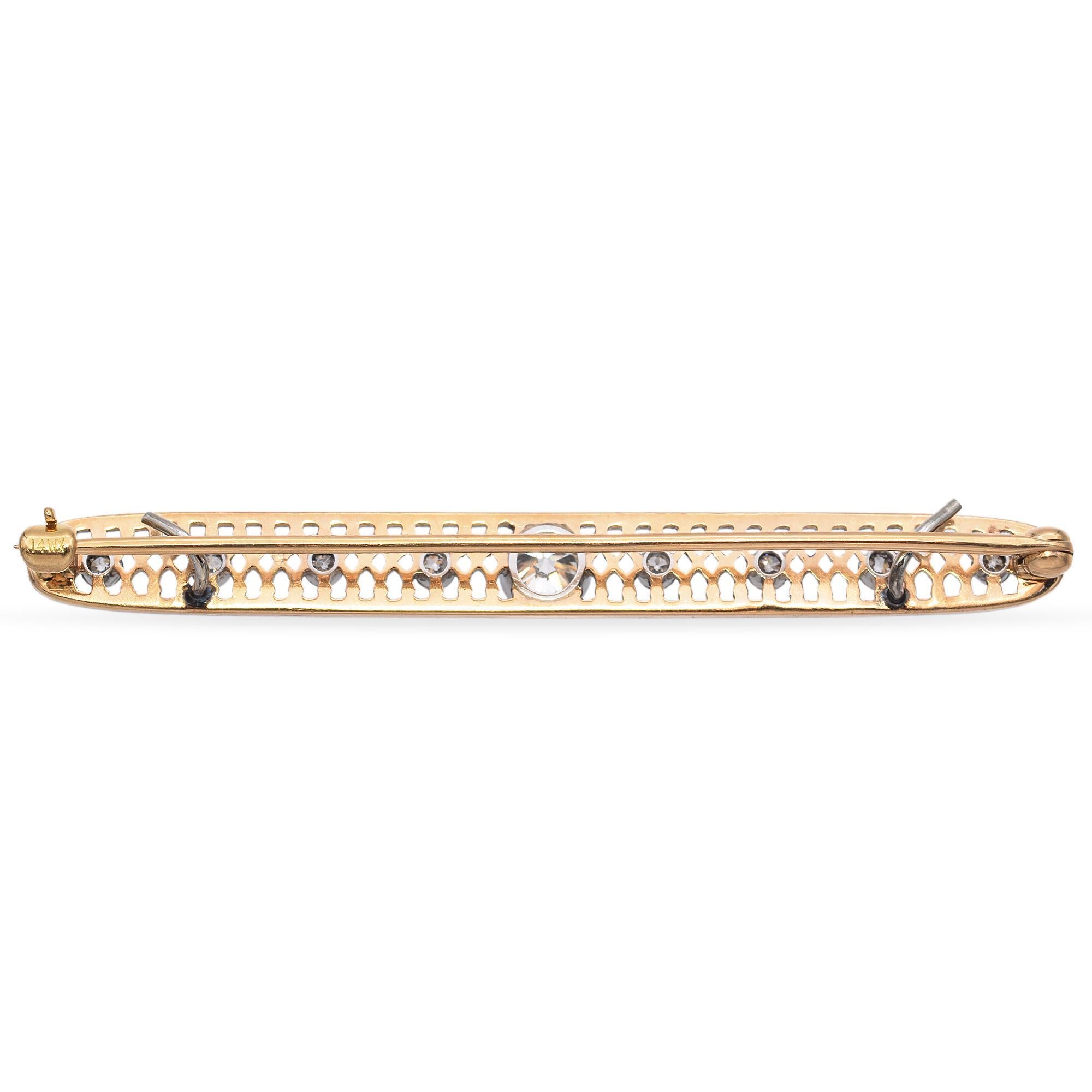 Old European Cut Antique Edwardian Yellow Gold and Platinum Filigree Diamond Bar Brooch