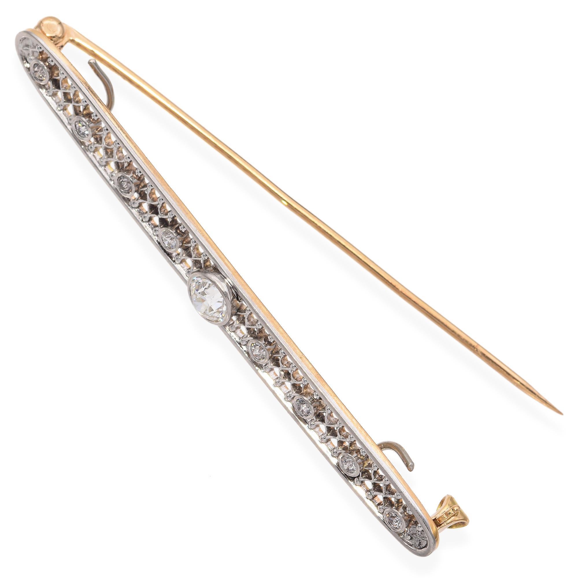 Women's Antique Edwardian Yellow Gold and Platinum Filigree Diamond Bar Brooch