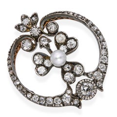 Antique Edwardian Yellow Gold and Silver Top Diamond & Natural Pearl Pendant