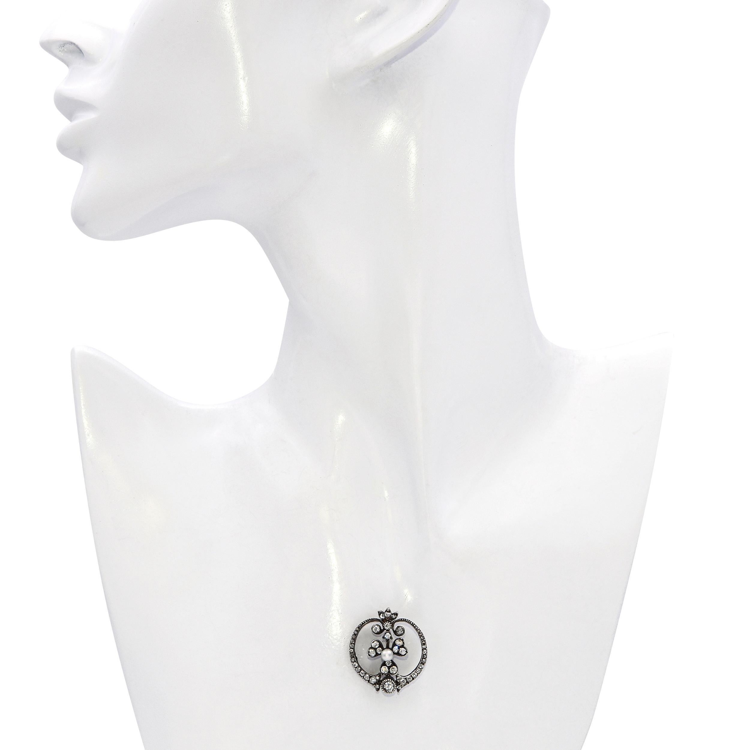 Édouardien Pendentif ancien édouardien en or jaune et argent avec diamant et perle naturelle en vente